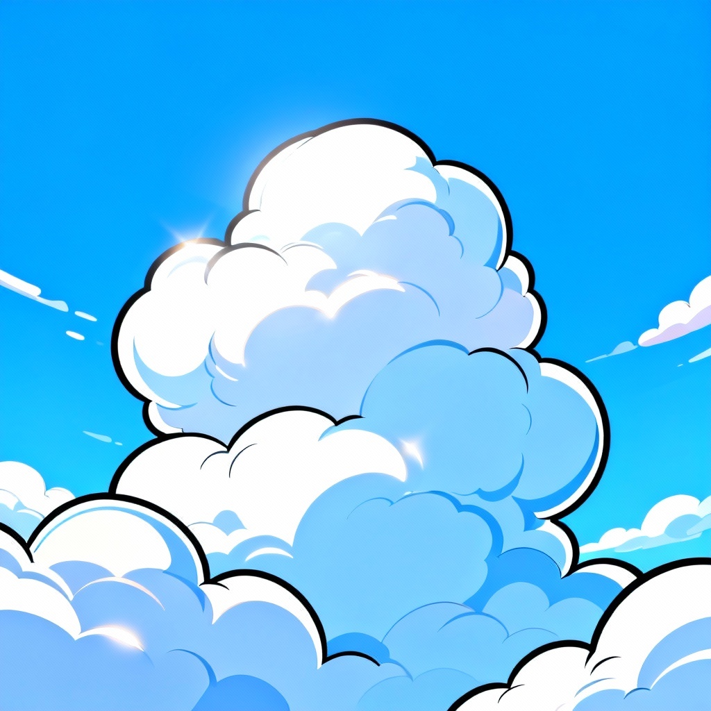 AI cute cartoon puffy clouds in bright blue sky