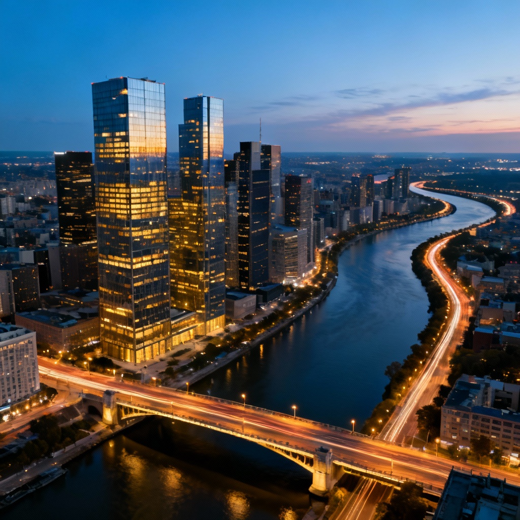 Aerial urban skyline at blue hour with glowing windows