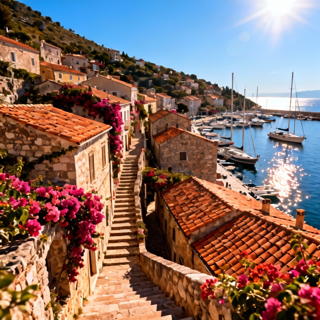 AI Mediterranean coastal city with marina and hills