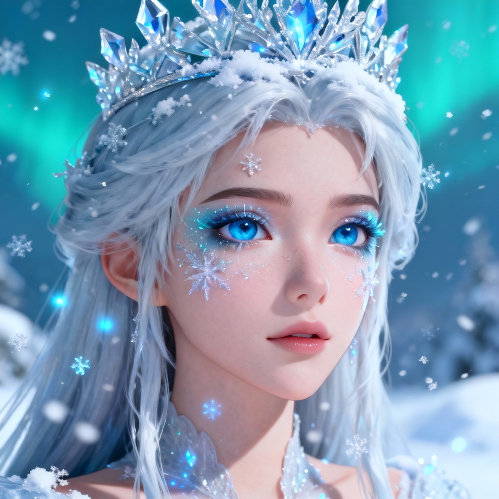 AI ice princess portrait with crystal crown and frosty aura