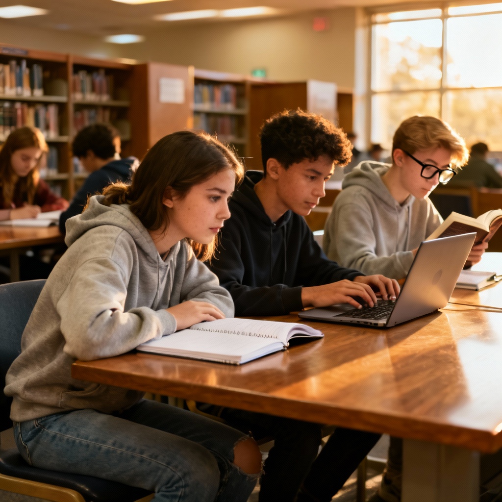 AI teen study group in library