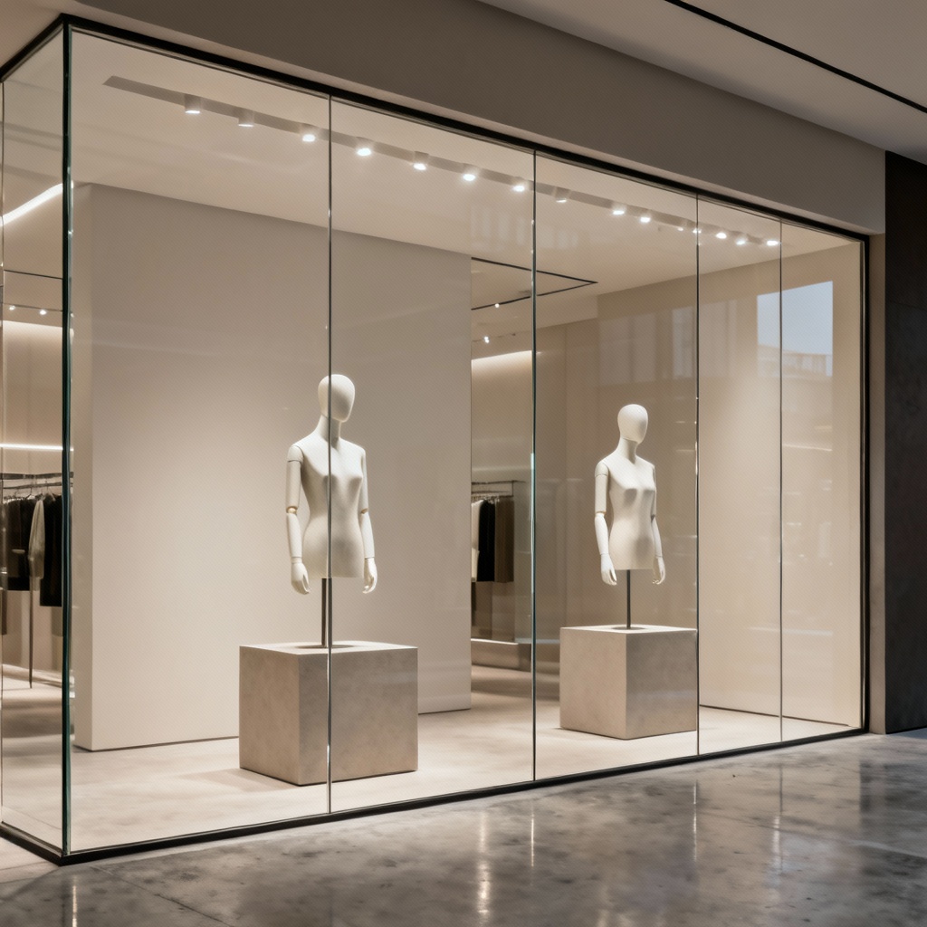 Commercial storefront window display with mannequins and clean branding