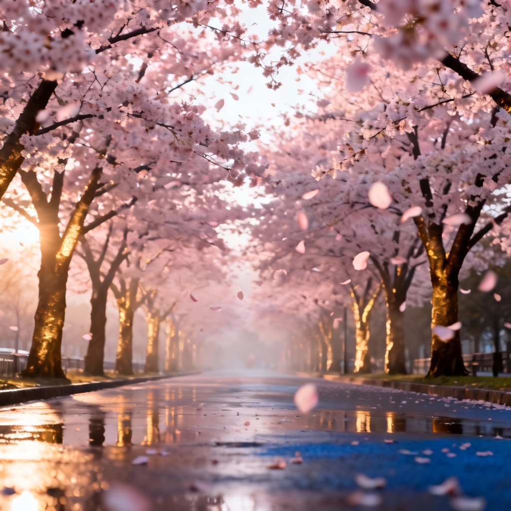 AI sakura boulevard with pink petals and golden sunlight