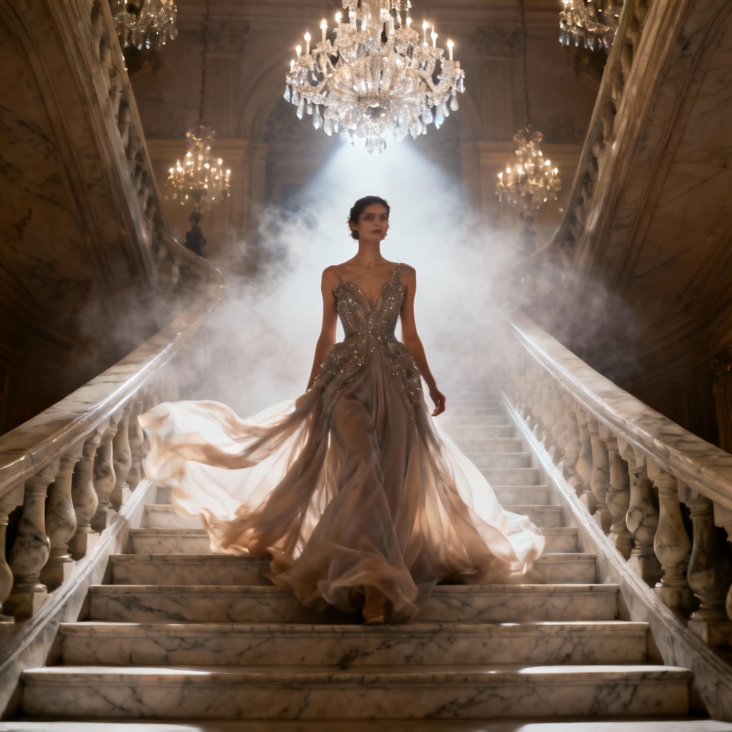 AI fashion portrait on palatial marble staircase