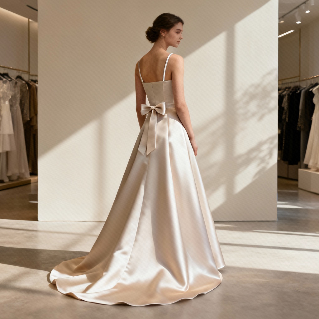 AI minimalist satin A-line wedding dress design