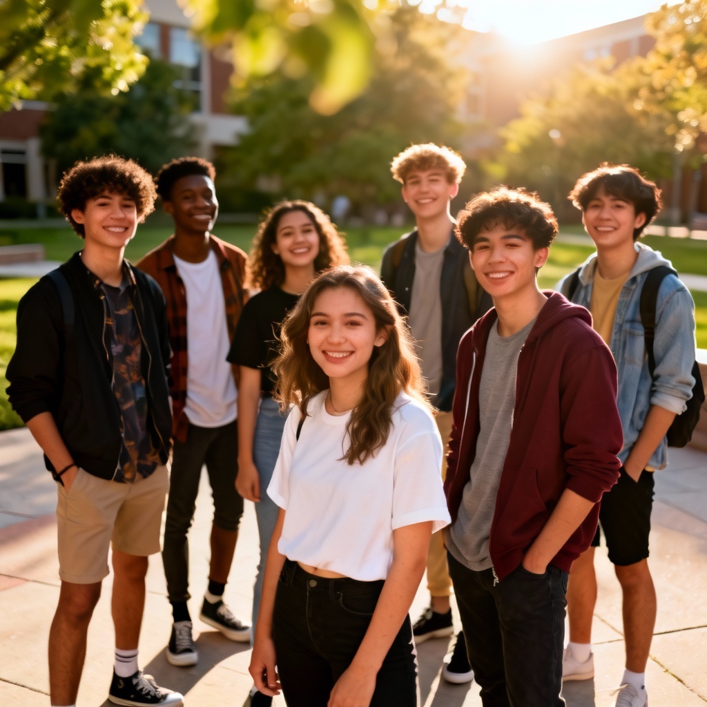 AI generated diverse young adults portrait on urban campus