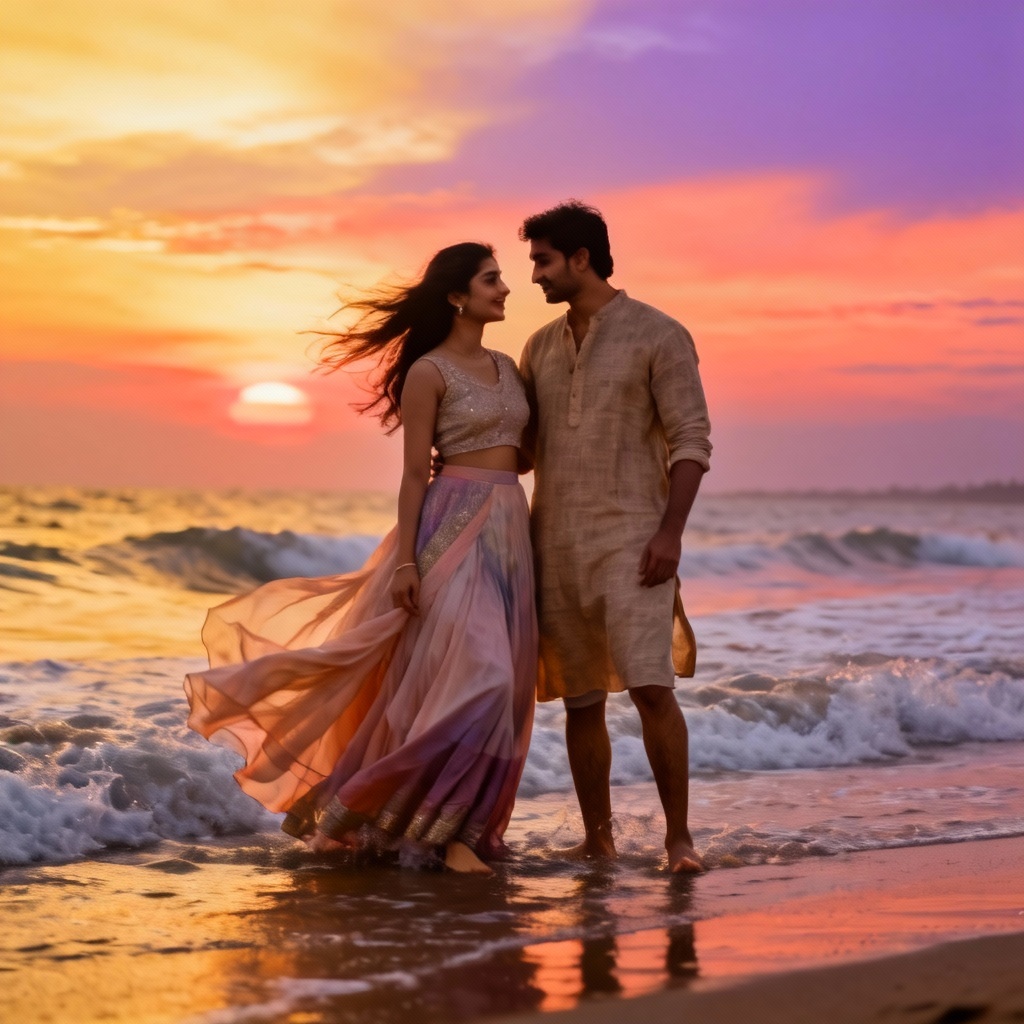 AI pre-wedding Indian couple on a beach at sunset