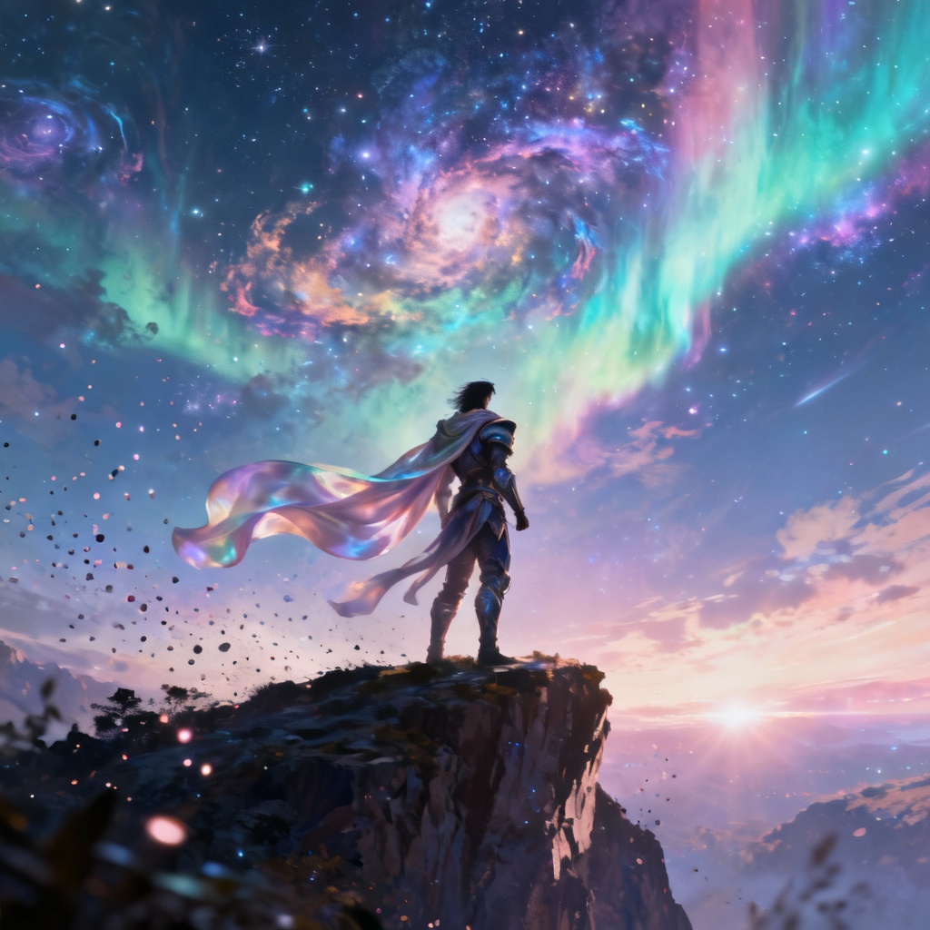 AI ethereal nebula guardian under aurora sky