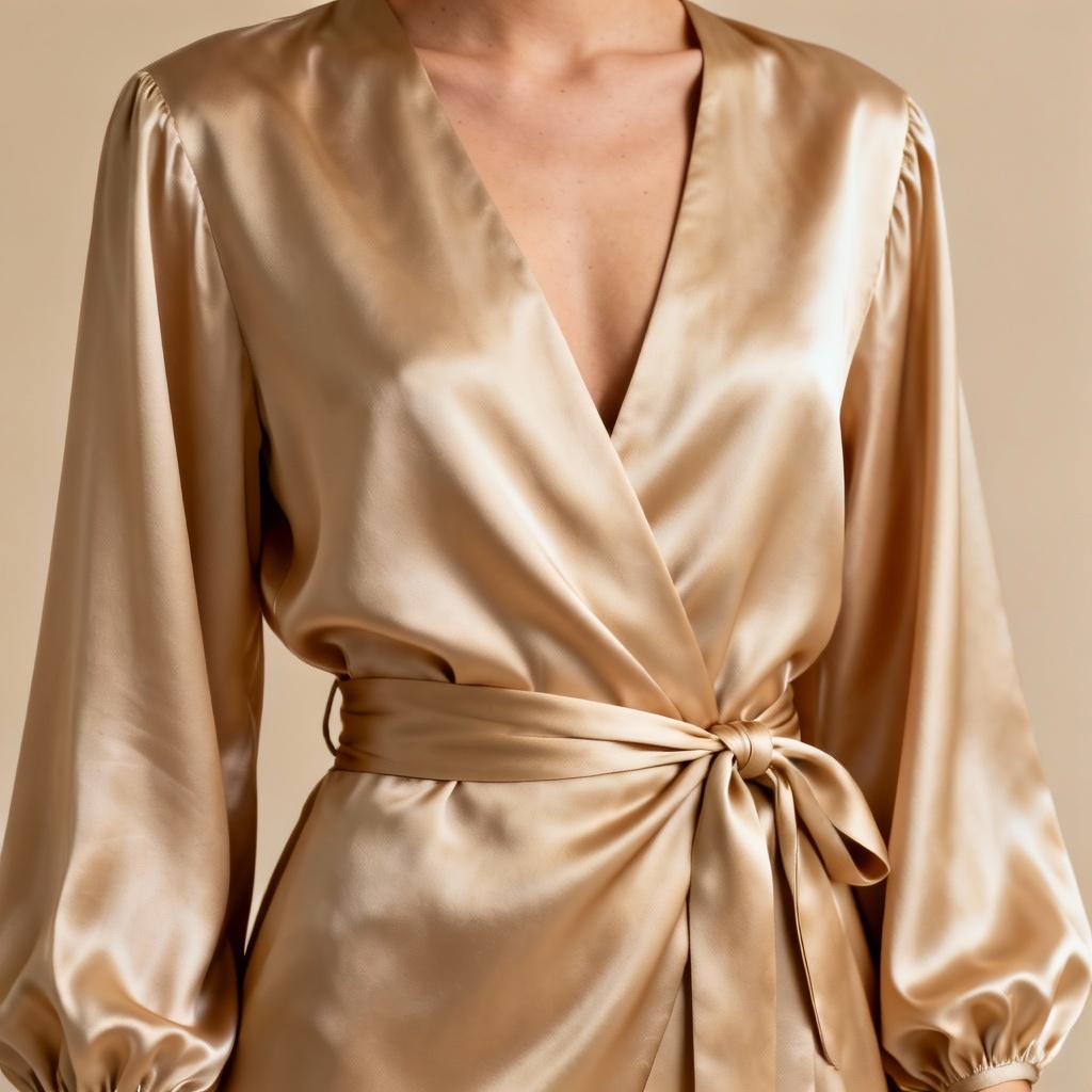 Photoreal silk wrap blouse mockup on neutral background