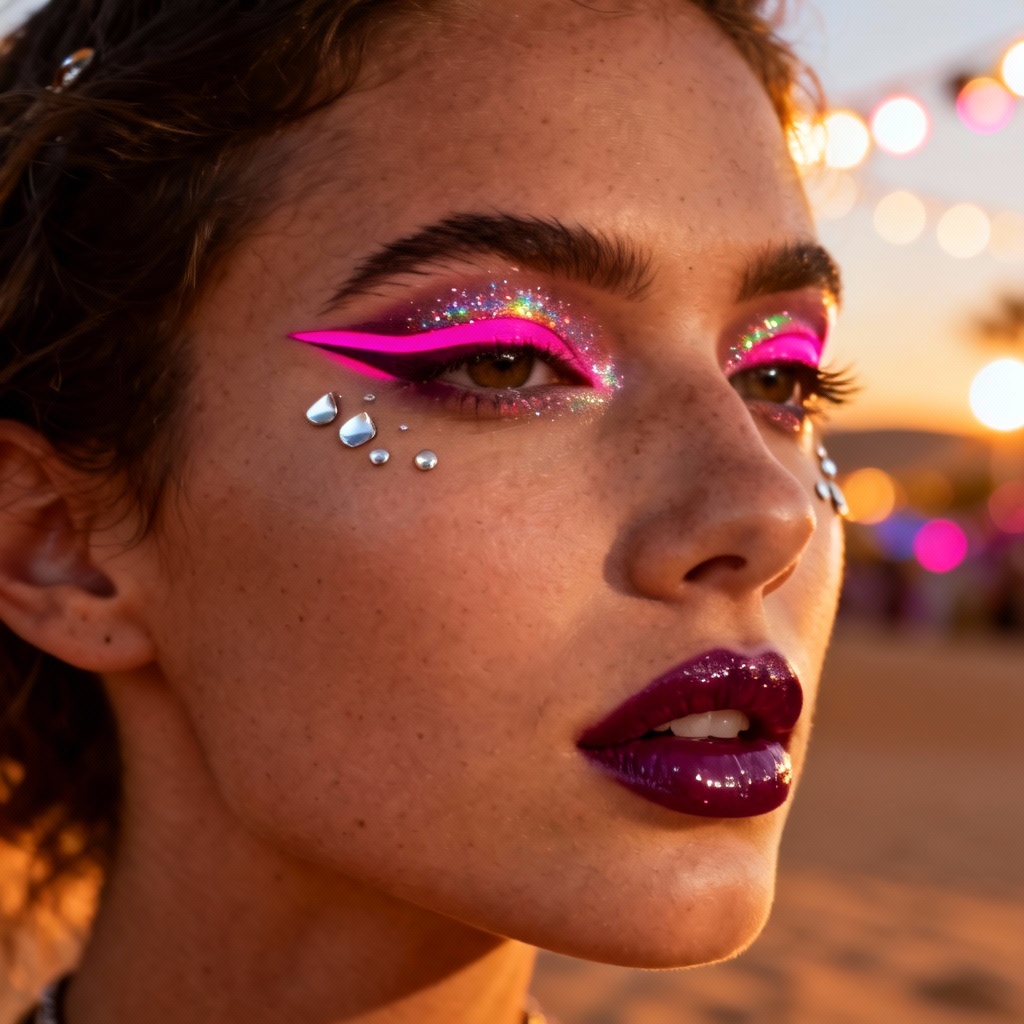AI festival makeup try on hero with glitter, neon liner, and face gems