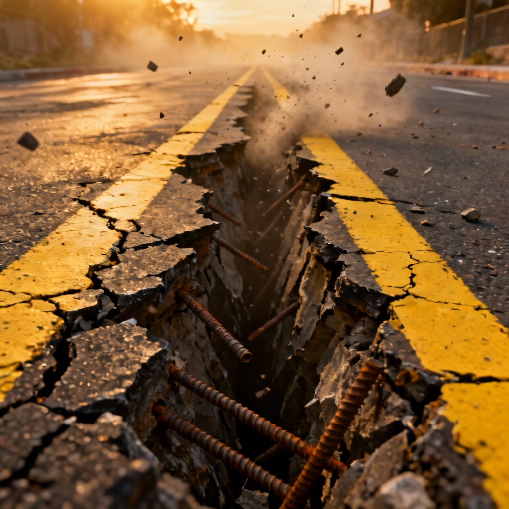 Cinematic cracked asphalt street with deep fissure