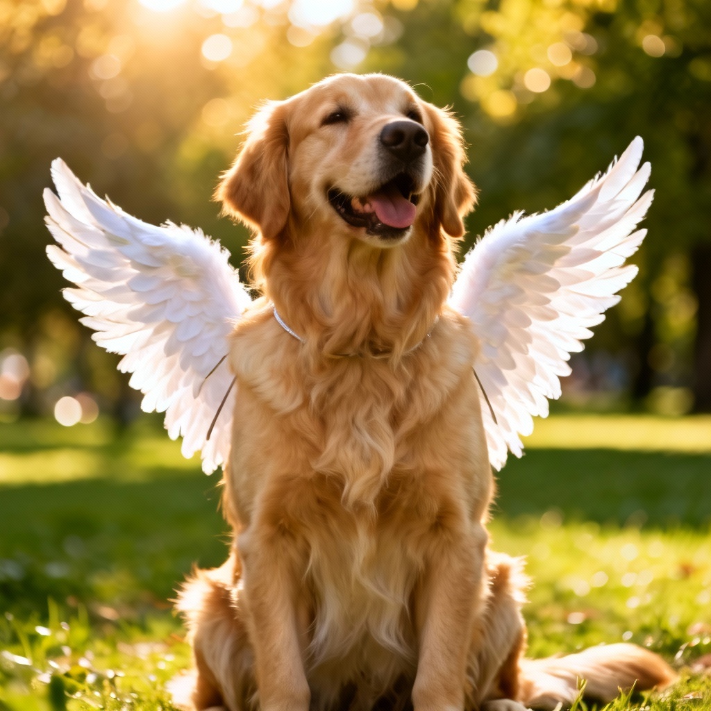 Golden retriever with small white angel wings