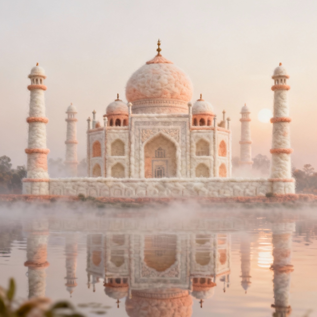 AI felted Taj Mahal with mist and wool texture