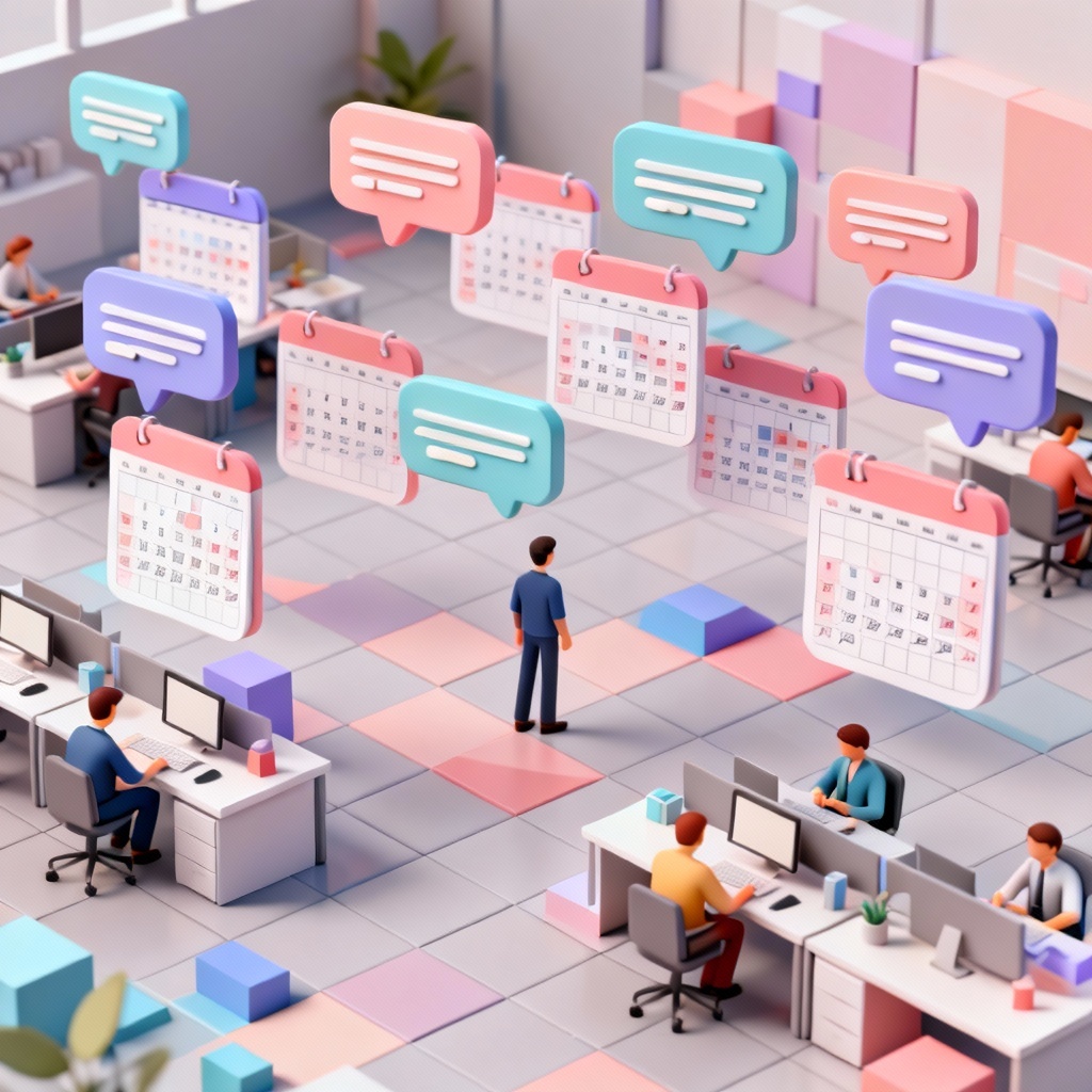 AI meeting overload isometric scene