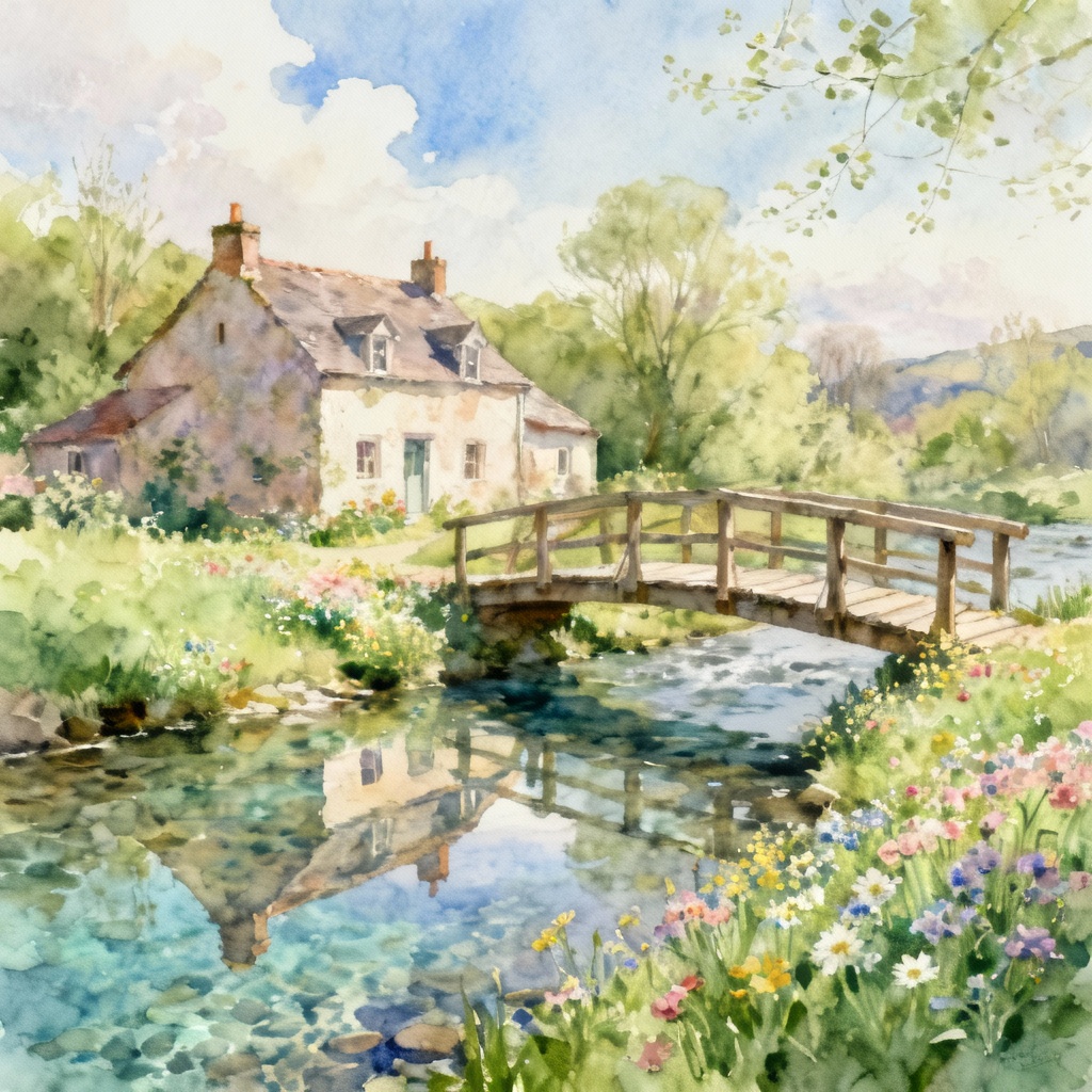AI countryside cottage by a river in spring