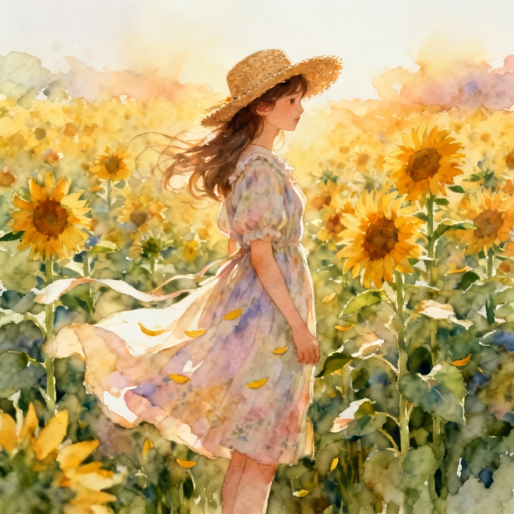 AI cottagecore girl painting in sunflower field