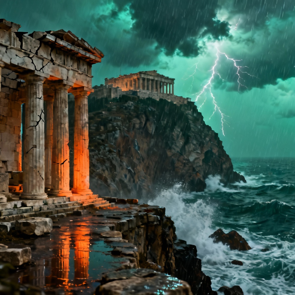 Greek acropolis ruins on a stormy cliff with lightning