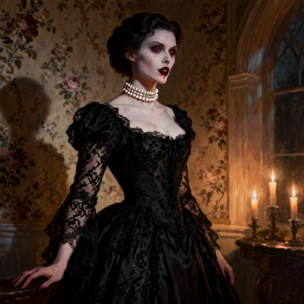 AI Victorian vampire duchess with lace gown and candlelight