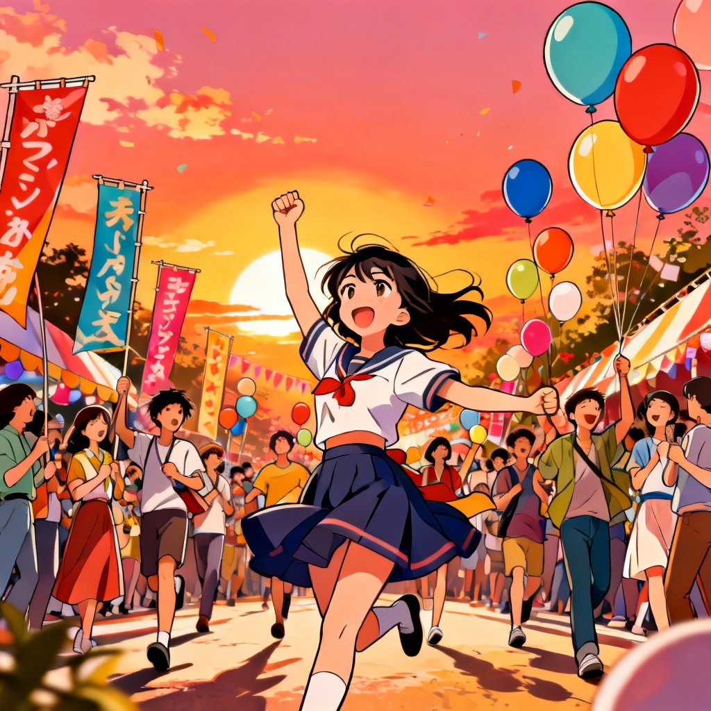 Anime crowd at a vibrant festival parade