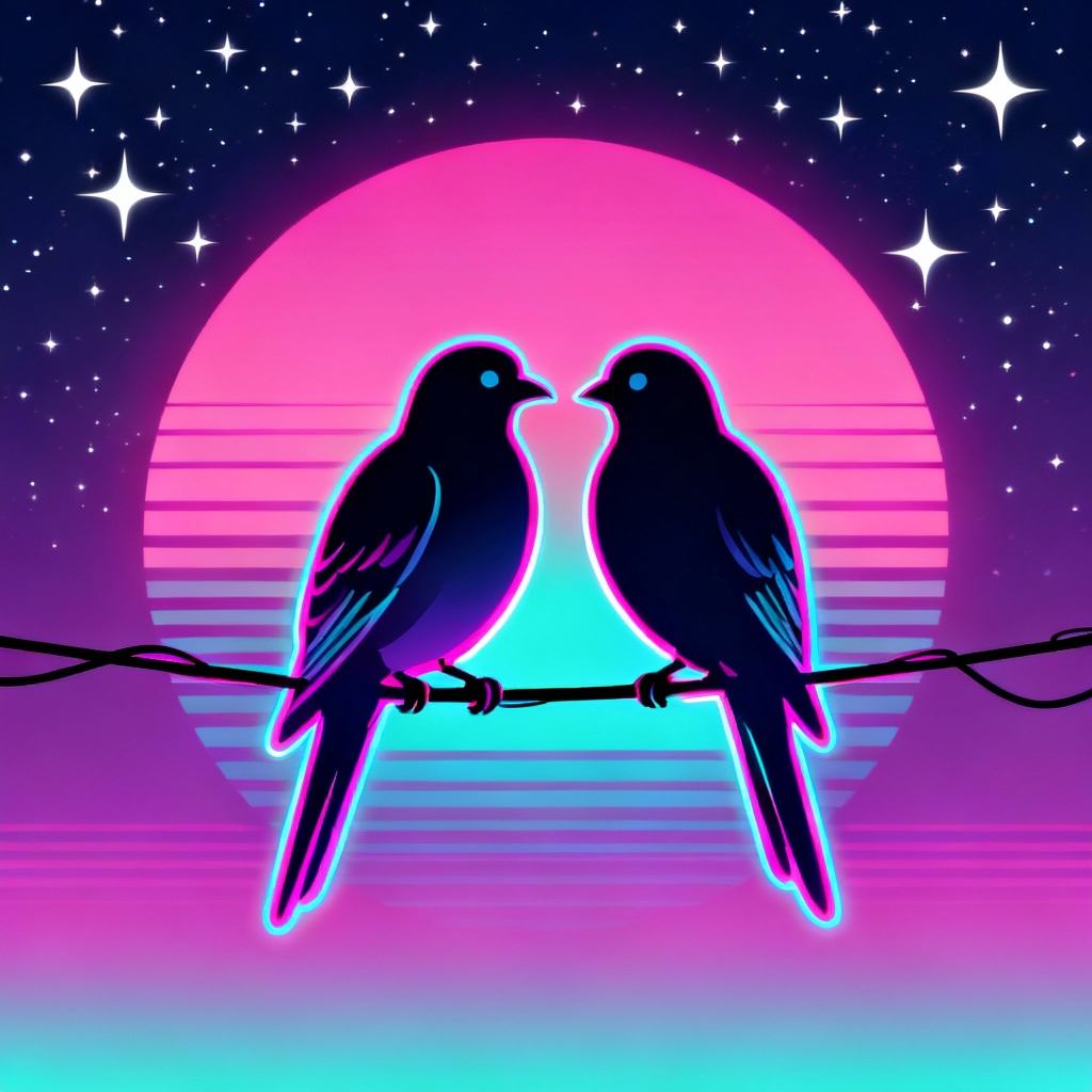 AI synthwave neon love birds silhouette