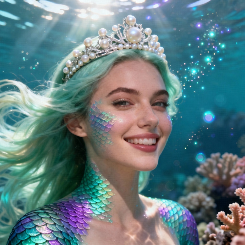 AI mermaid filter selfie portrait with pearl crown and iridescent scales