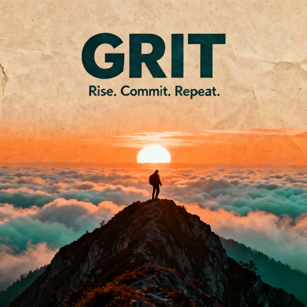 AI motivational poster with mountain sunrise and bold grit quote