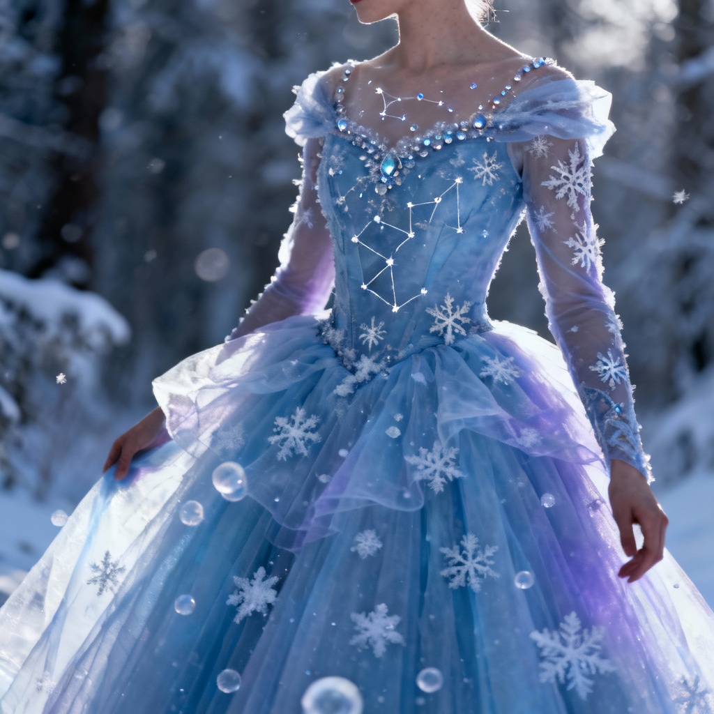 AI icy blue winter ball gown with tulle layers and crystal beading