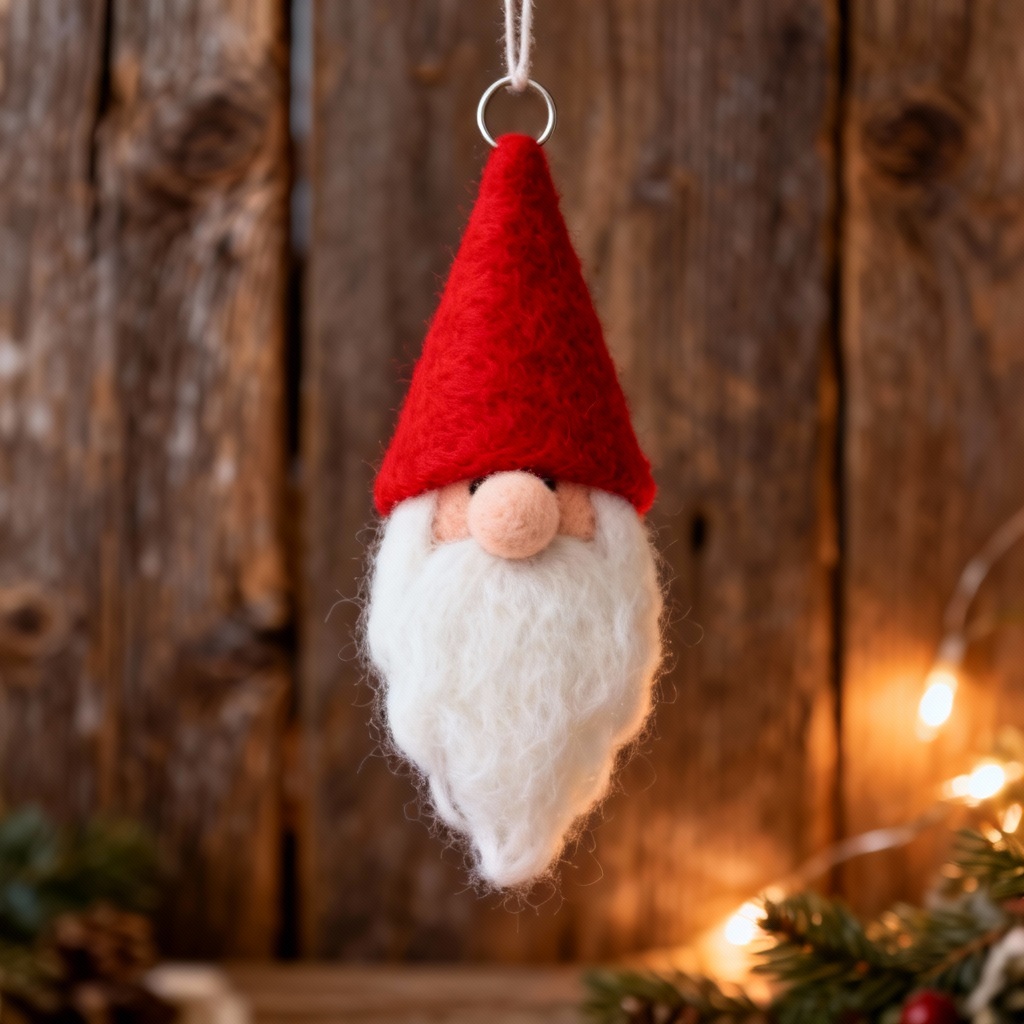 AI needle felted gnome ornament with holiday palette