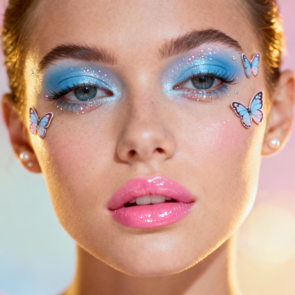 AI Y2K makeup with butterfly decals and glitter under-eye