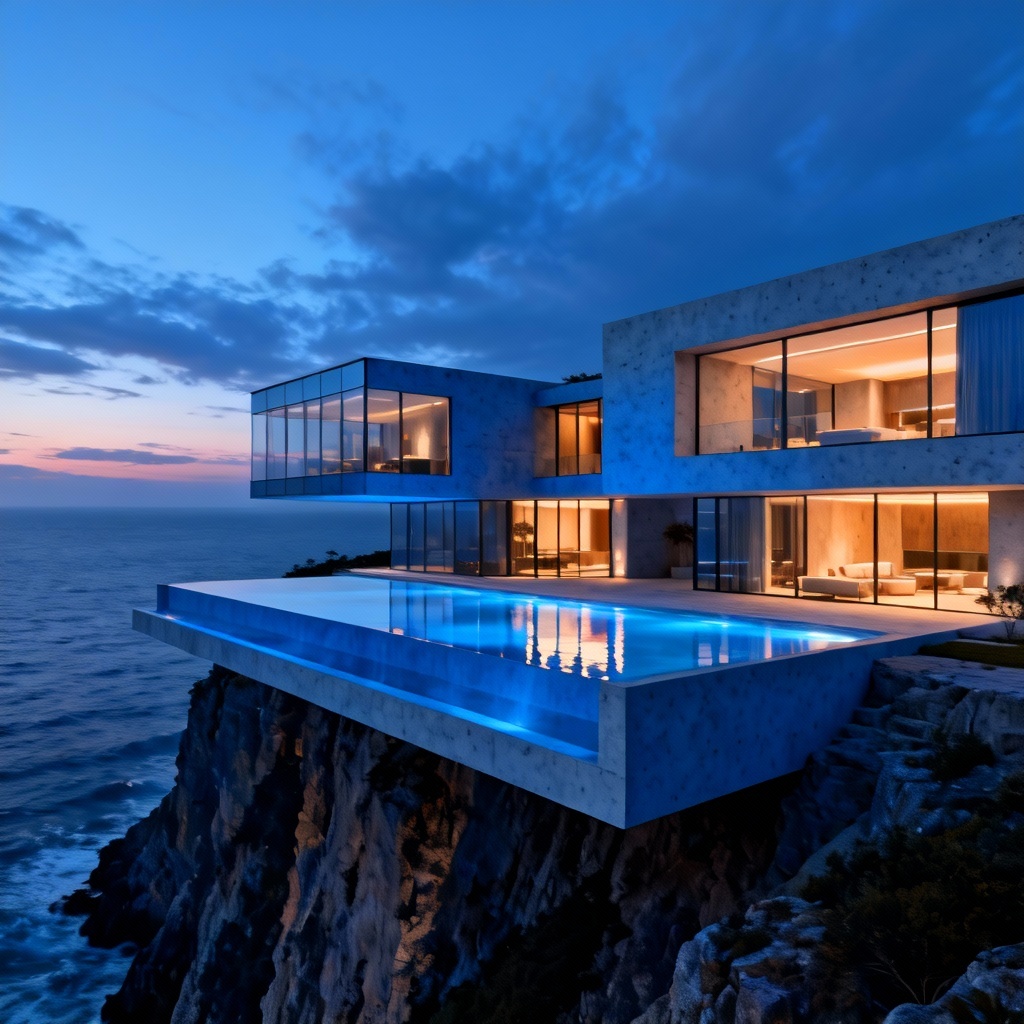 AI modern cliffside mega mansion with infinity pool