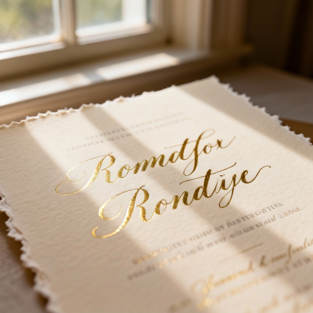 AI wedding invitation with gold foil calligraphy
