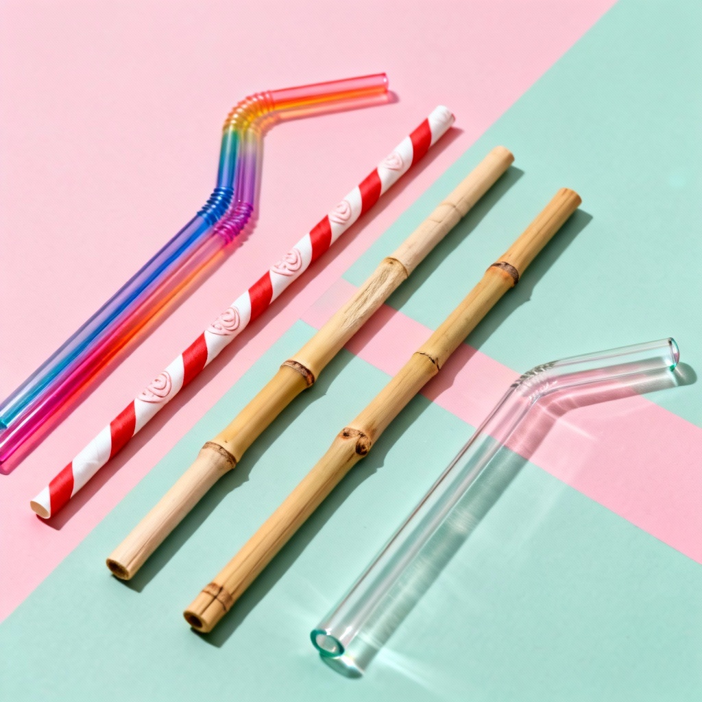 Photorealistic assortment of colorful bendy, paper, bamboo, and glass straws on a clean studio background