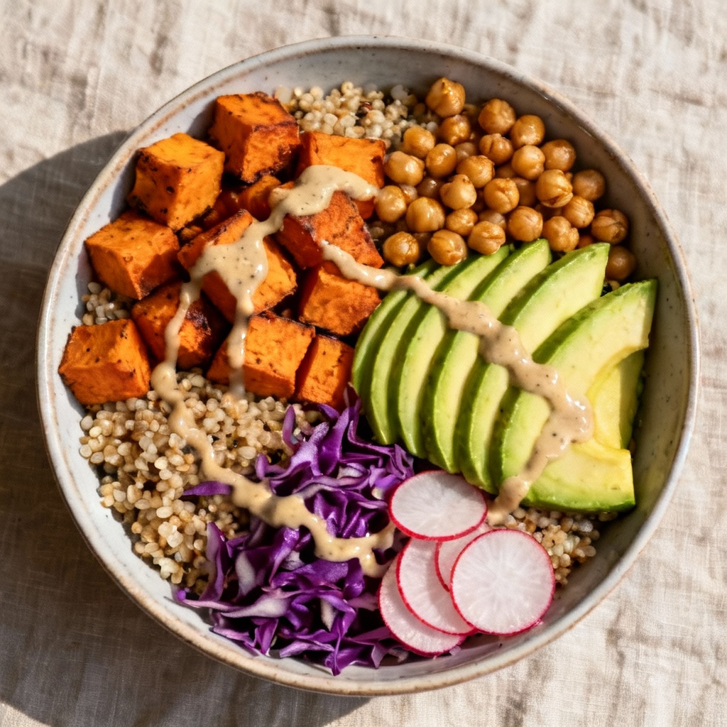 AI vegan bowl with colorful vegetables and grains overhead