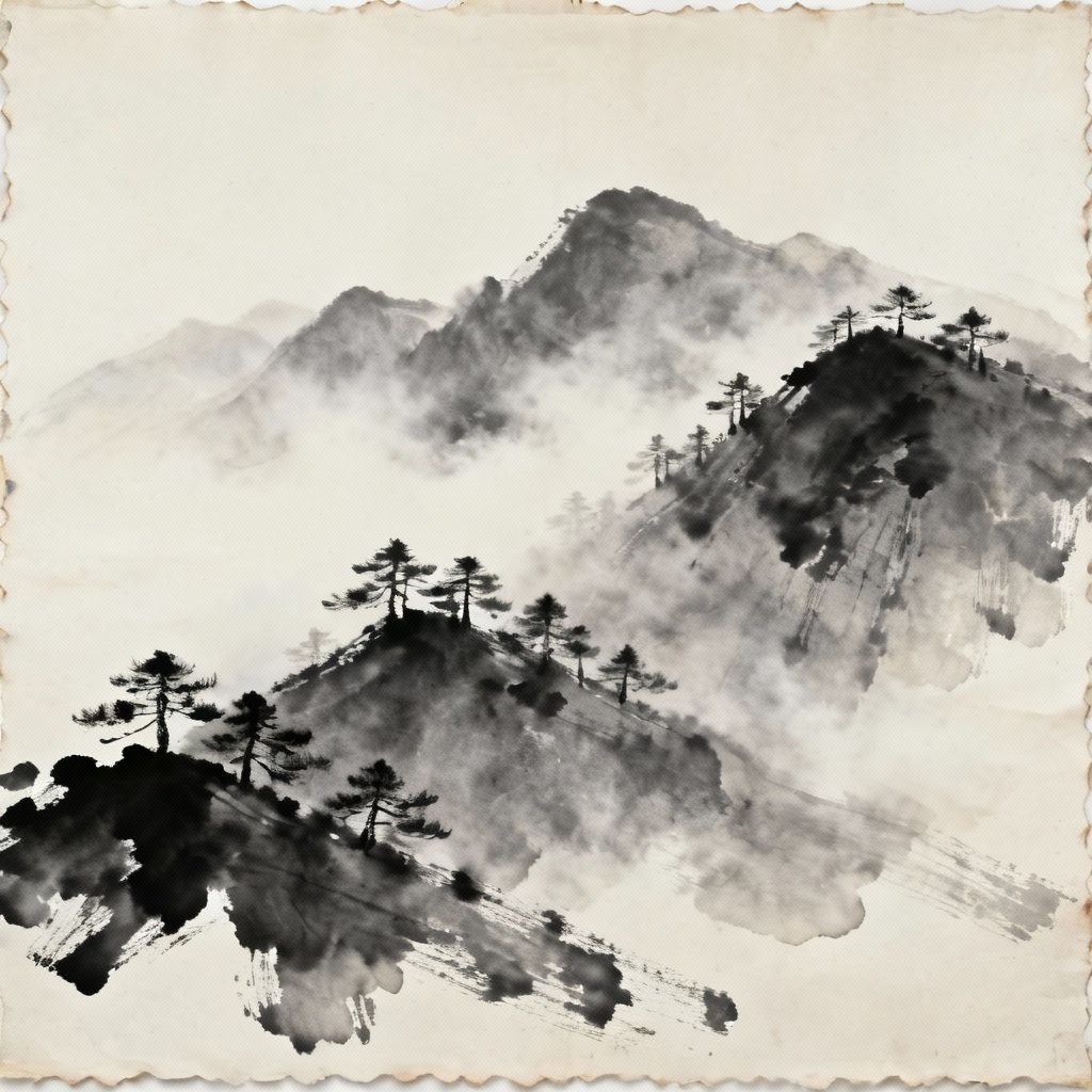 AI traditional ink wash mountain landscape on rice paper