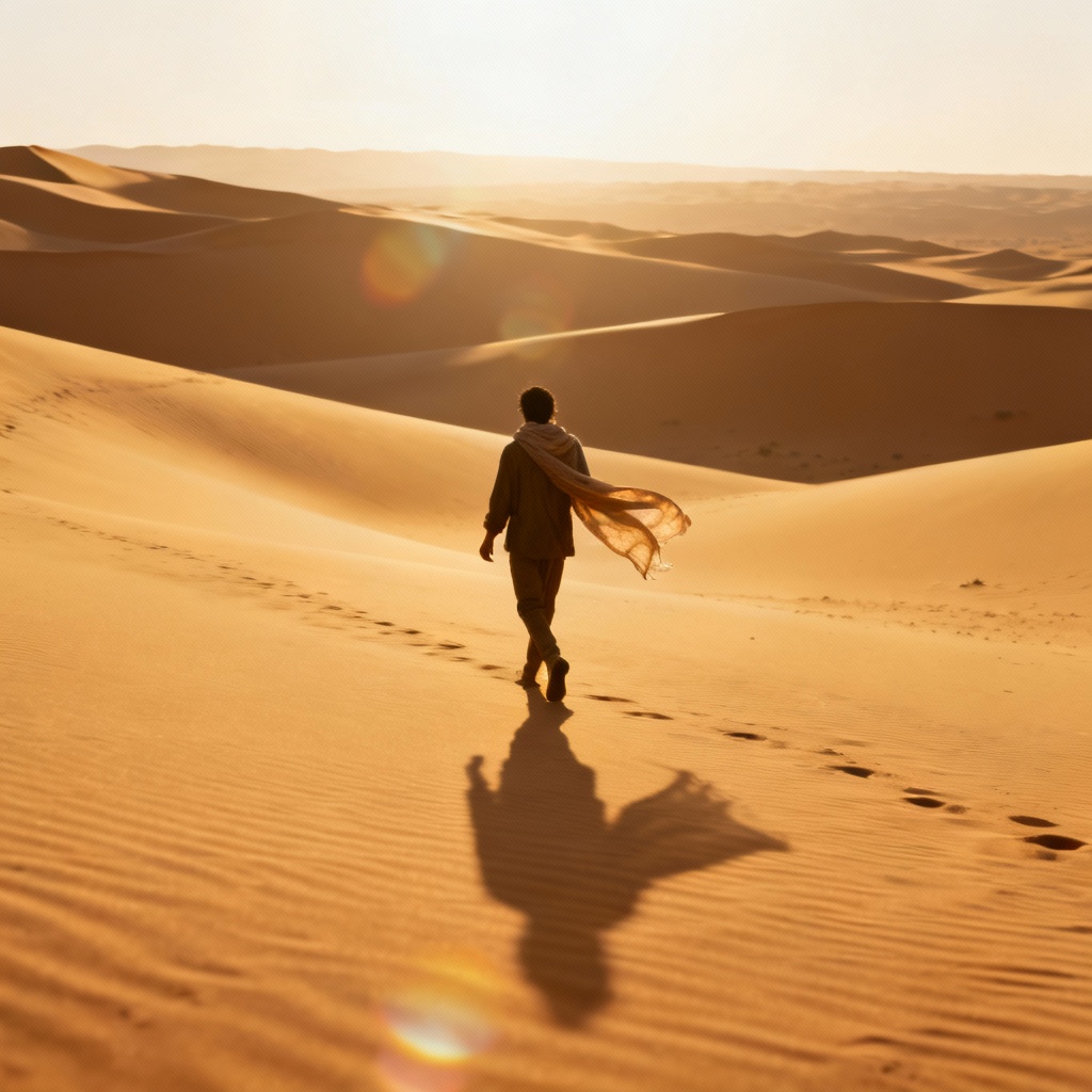 AI traveler walking across golden Sahara dunes
