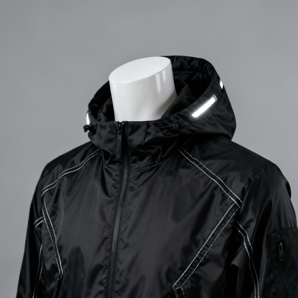 AI black techwear jacket product shot