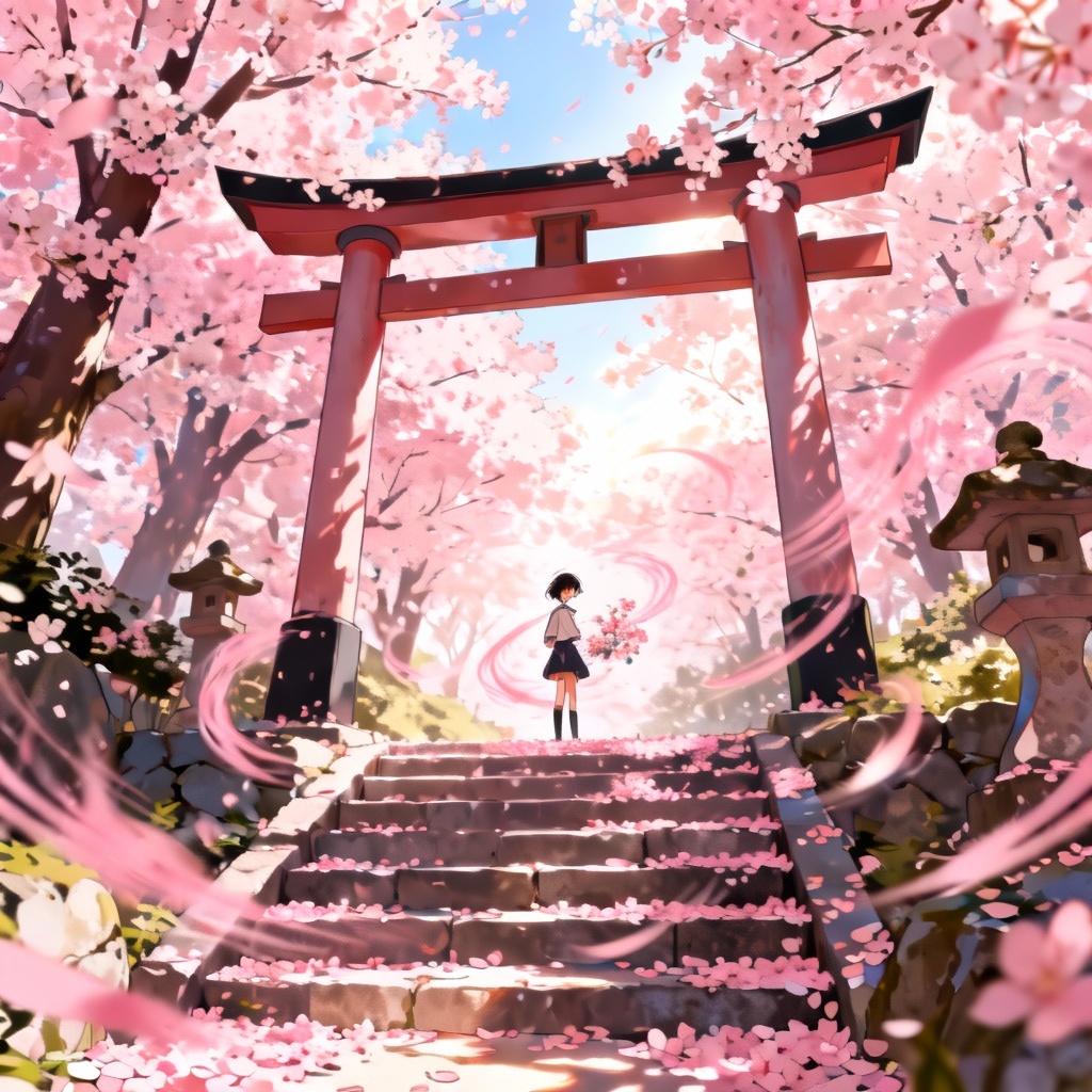 Anime-style shrine steps under cherry blossoms