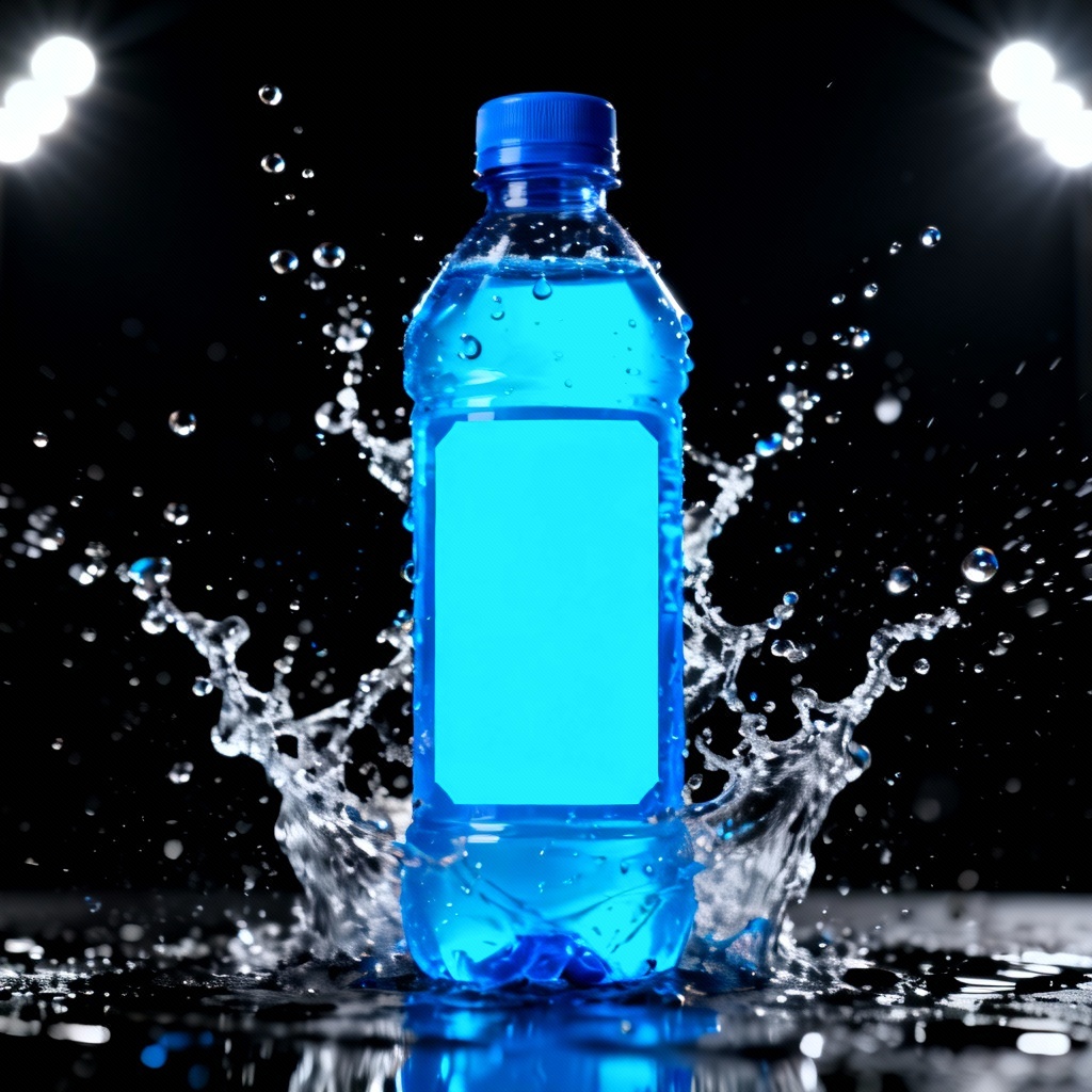 AI energy drink splash with neon blue isotonic bottle