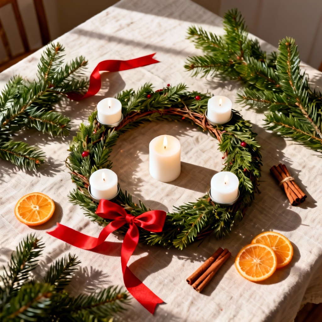 Flat lay Lucia wreath crown mockup with candles and ribbon
