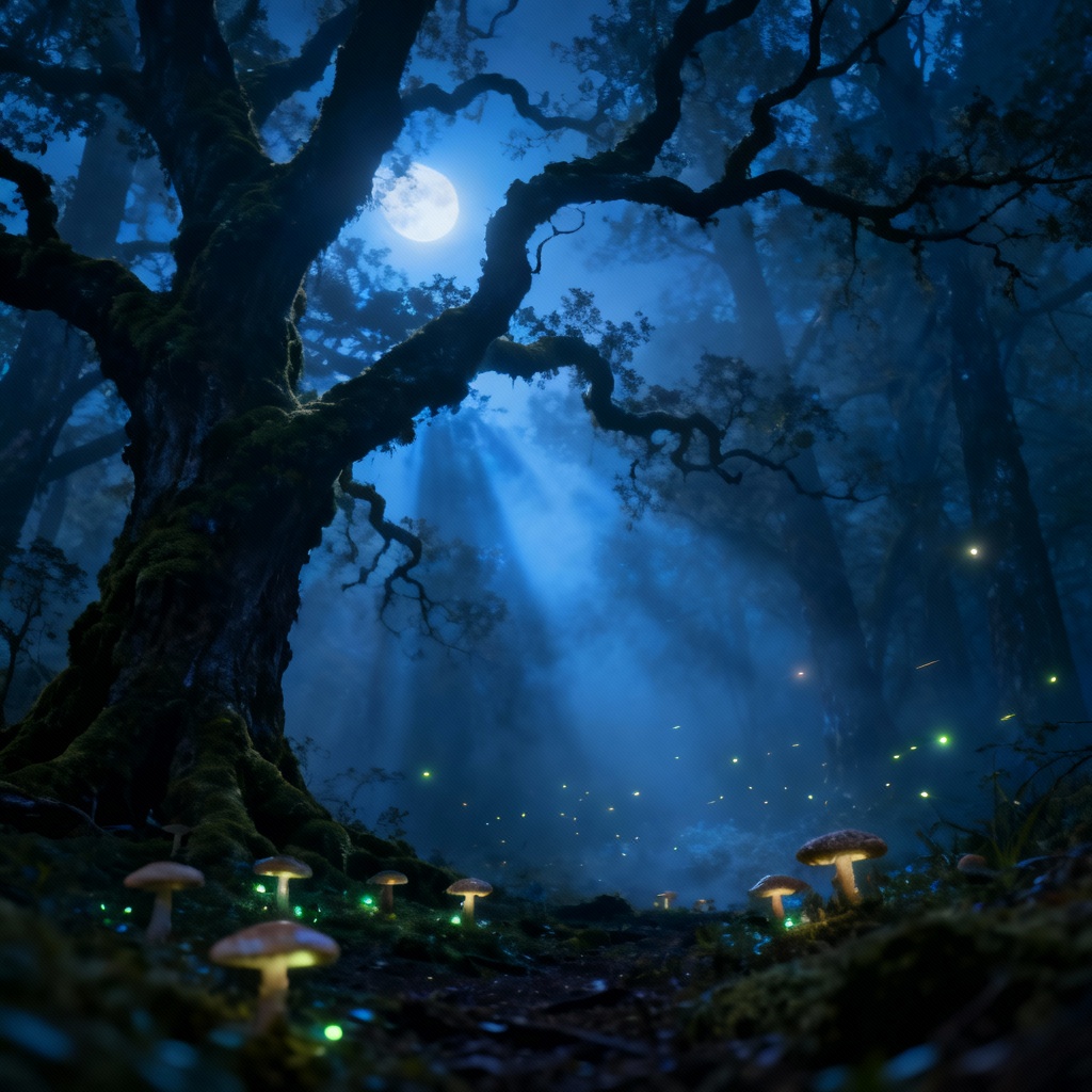 AI dreamy forest landscape with moonlight and mist