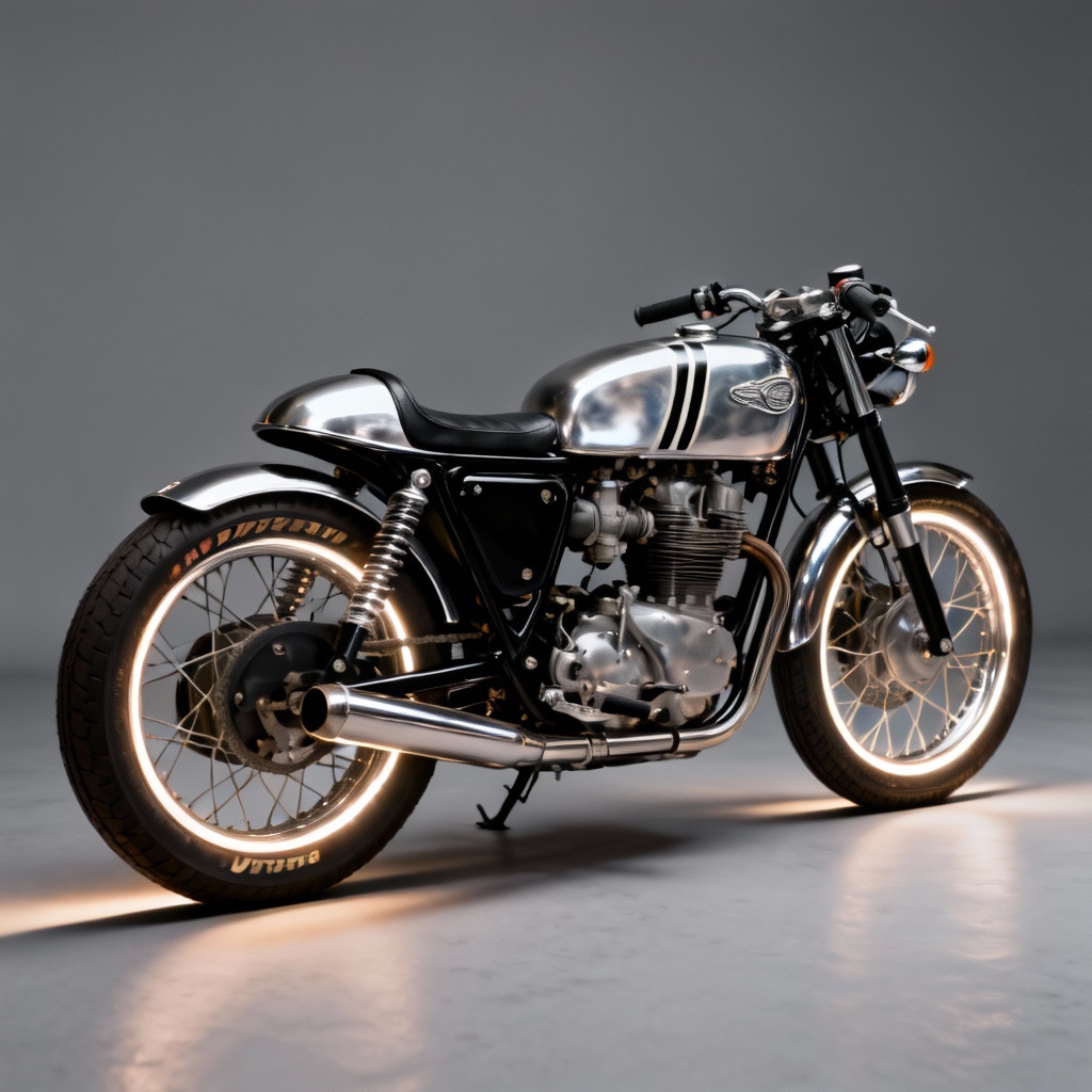 AI classic motorcycle generator rendering a vintage cafe racer in studio lighting