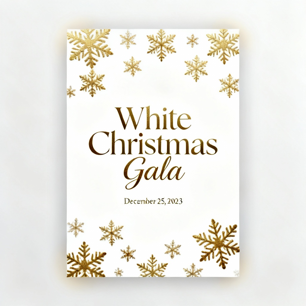 Luxury white Christmas poster with gold foil accents and elegant serif type