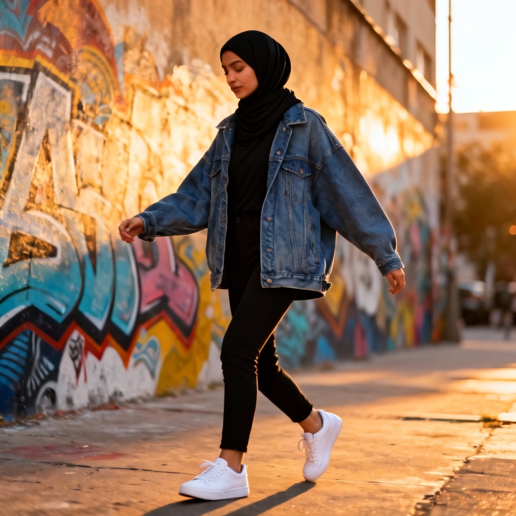 AI streetwear hijab outfit with denim jacket and sneakers