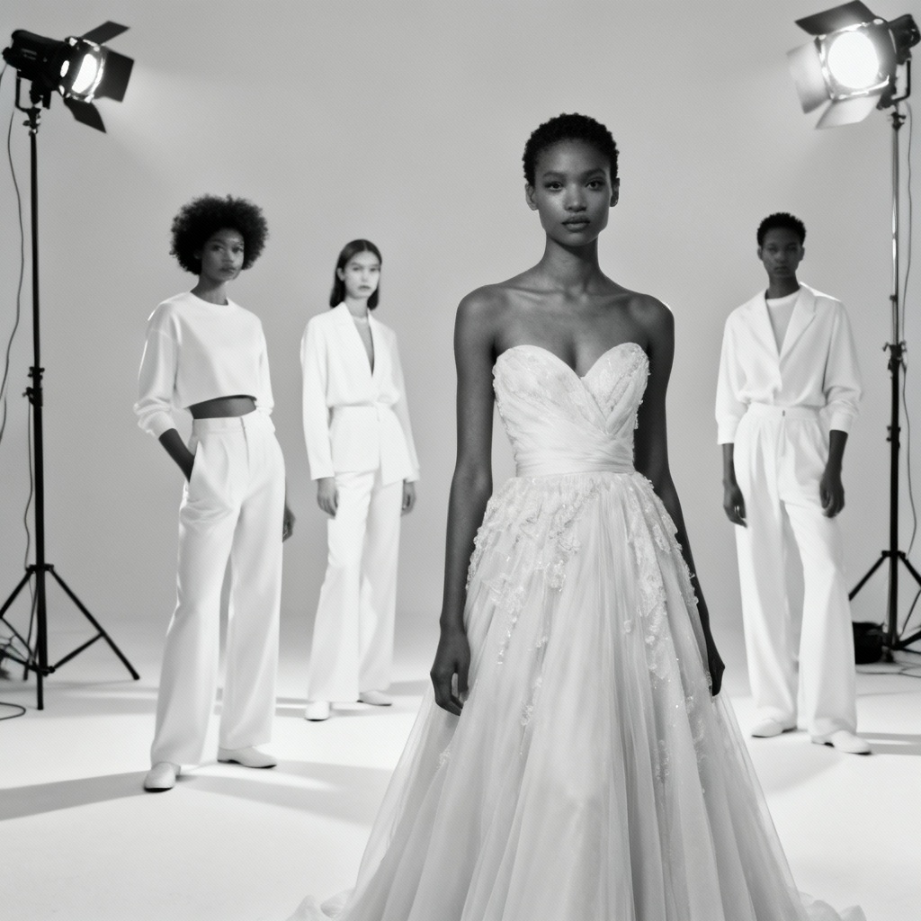 AI-generated editorial fashion photoshoot with diverse models and studio lighting