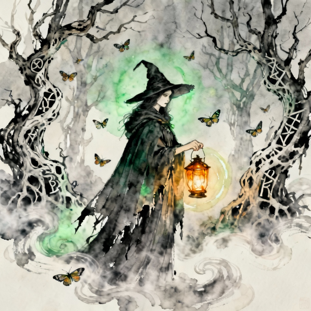 AI Gothic Witch with lantern in foggy forest
