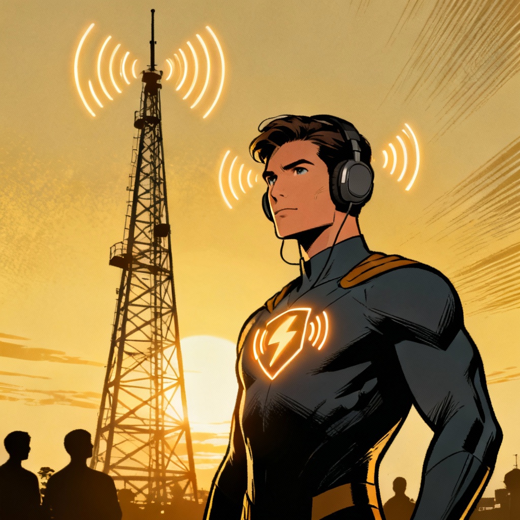 AI emergency dispatch comic hero with radio tower