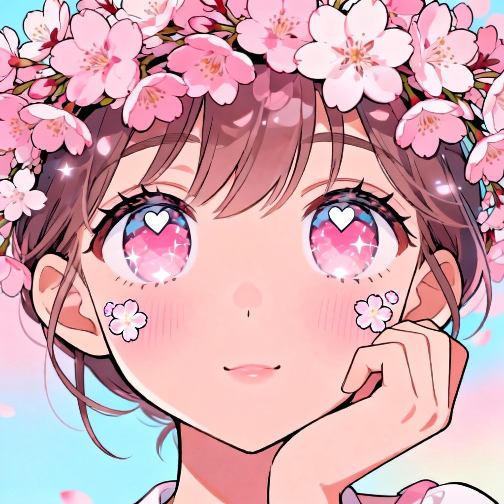 Kawaii anime face with sakura petals