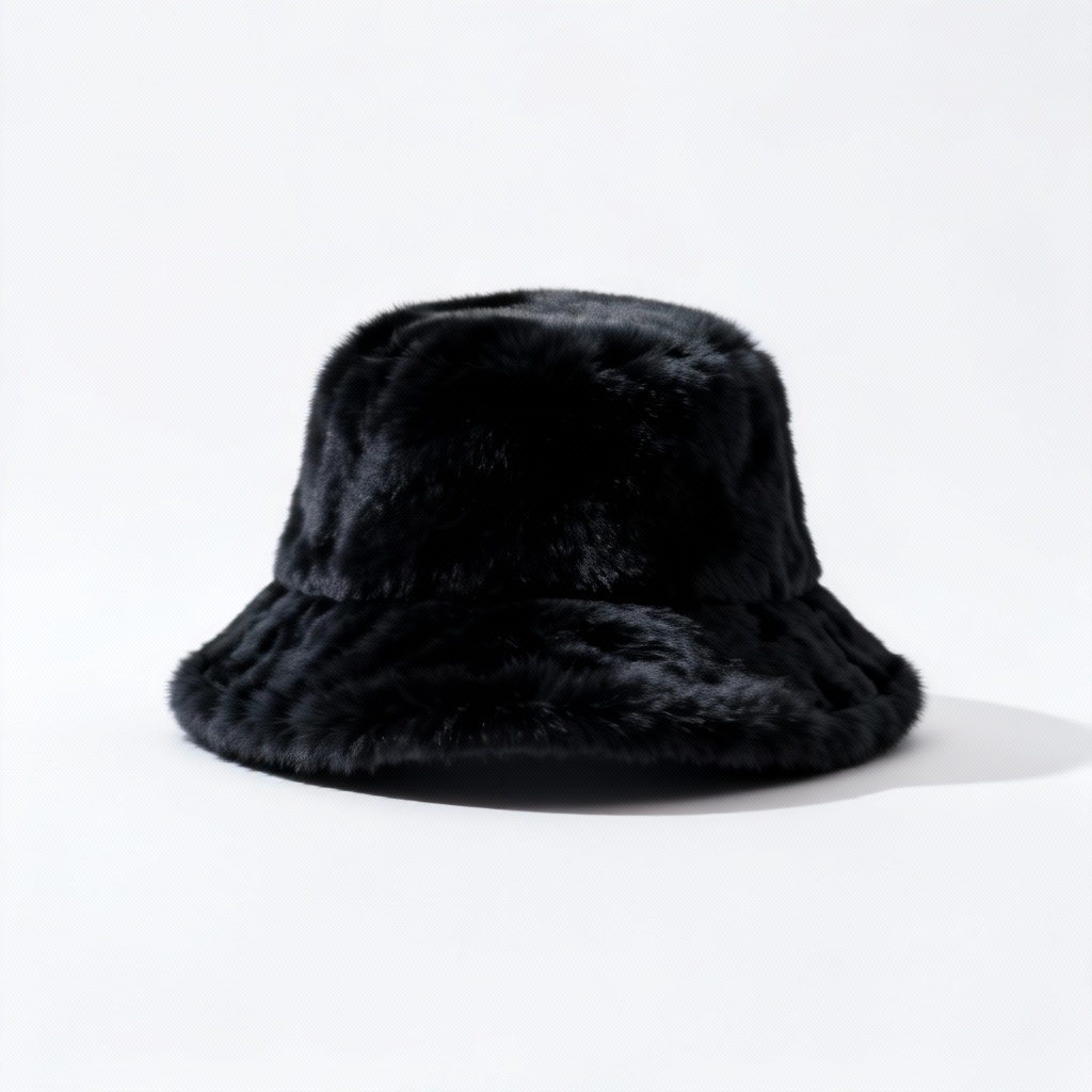 AI ecommerce mockup of faux fur bucket hat on white