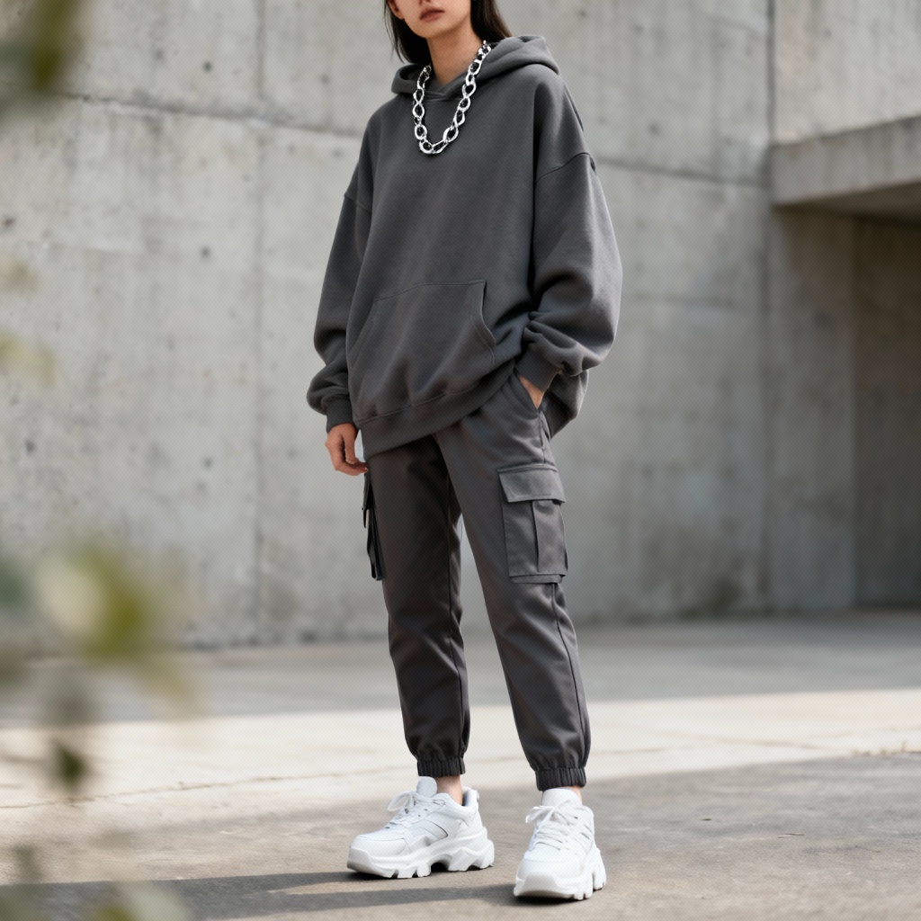AI streetwear outfit with oversized hoodie and cargo pants