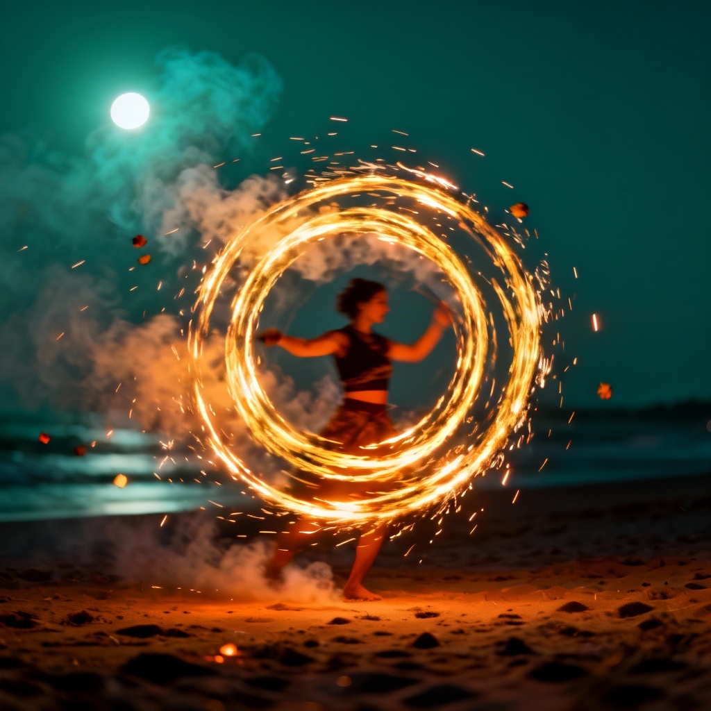 AI fire dance artwork of a spiral poi performer on a beach